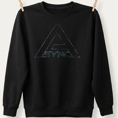 Distressed SYNC logo in neon purple, aqua, and white on a — printed on a unisex sweatshirt
