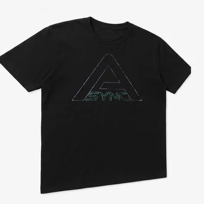 Distressed SYNC logo in neon purple, aqua, and white on a — printed on a unisex t-shirt (angled view)