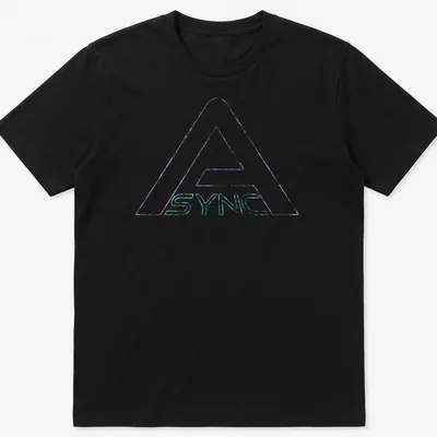 Distressed SYNC logo in neon purple, aqua, and white on a — printed on a unisex t-shirt