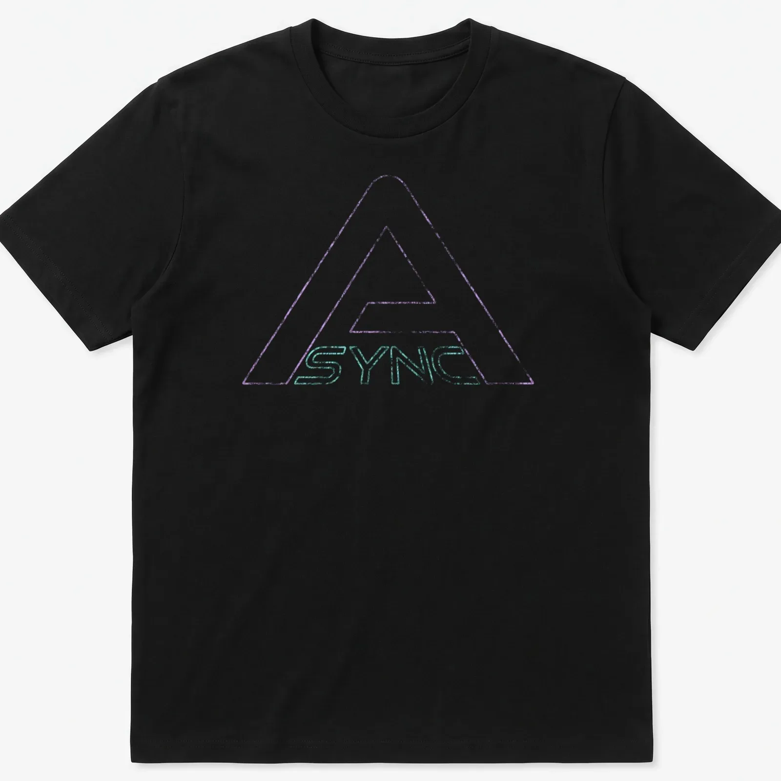 Distressed SYNC logo in neon purple, aqua, and white on a — printed on a unisex t-shirt