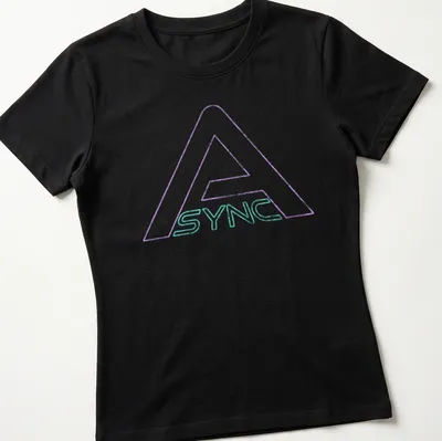 Distressed SYNC logo in neon purple, aqua, and white on a — printed on a women's shirt