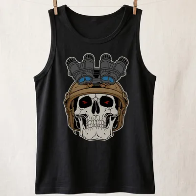Bold cartoon of a tactical skull with a helmet and goggles, colored in black, tan, red, blue, white. — printed on a tank top