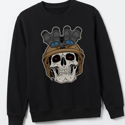 Bold cartoon of a tactical skull with a helmet and goggles, colored in black, tan, red, blue, white. — printed on a unisex sweatshirt