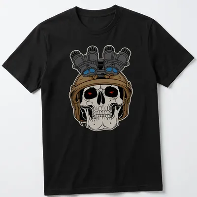 Bold cartoon of a tactical skull with a helmet and goggles, colored in black, tan, red, blue, white. — printed on a unisex t-shirt
