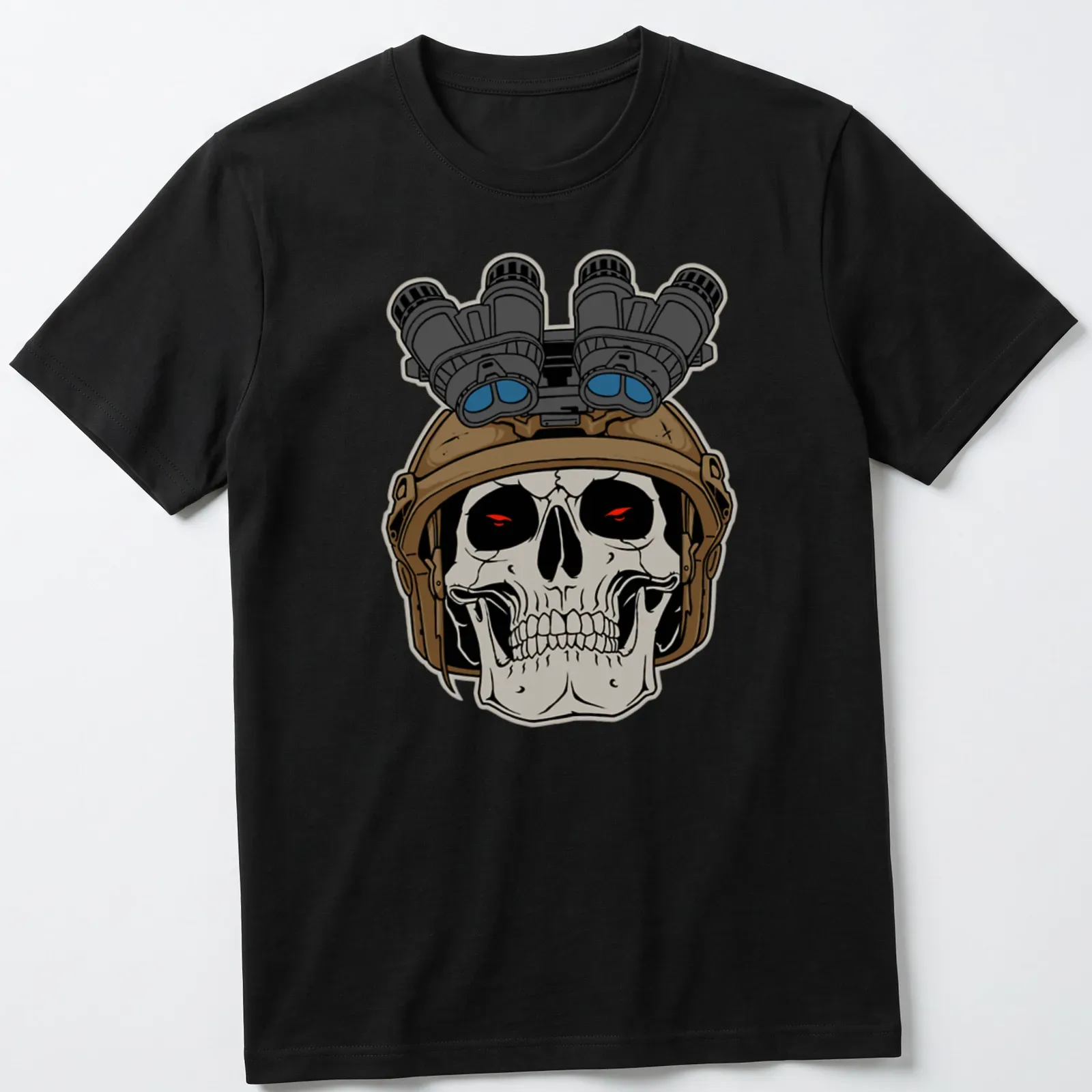 Bold cartoon of a tactical skull with a helmet and goggles, colored in black, tan, red, blue, white. — printed on a unisex t-shirt
