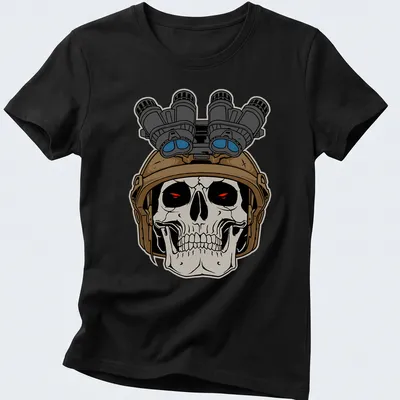 Bold cartoon of a tactical skull with a helmet and goggles, colored in black, tan, red, blue, white. — printed on a women's shirt