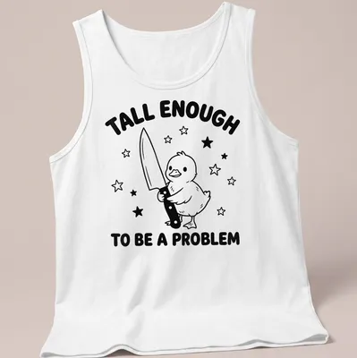 Cartoon duck holding a knife with humorous text above in black and white — printed on a tank top