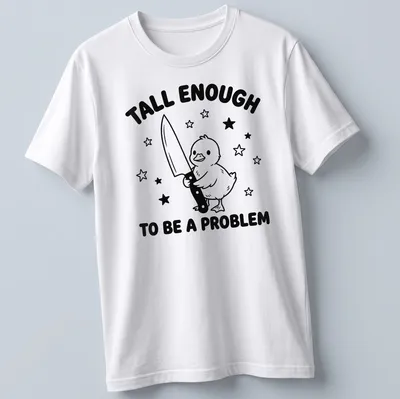 Cartoon duck holding a knife with humorous text above in black and white