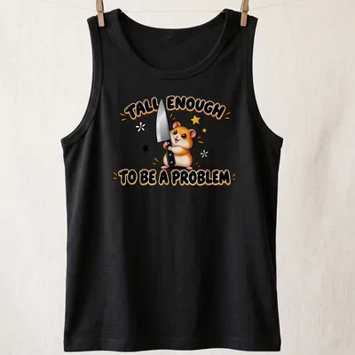 Kawaii design featuring a cute hamster holding a knife with humorous text — printed on a tank top