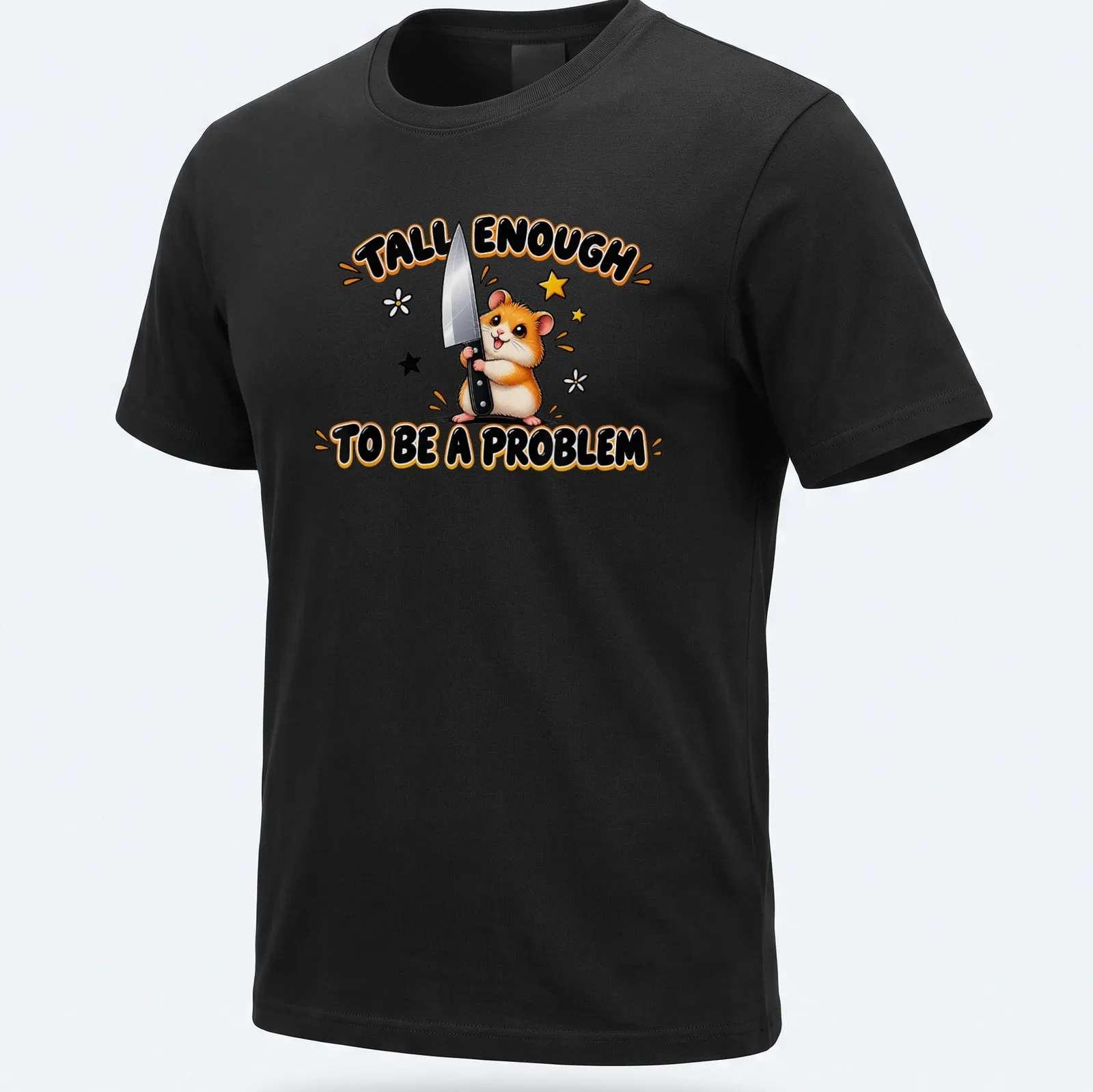 Kawaii design featuring a cute hamster holding a knife with humorous text — printed on a unisex t-shirt