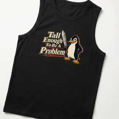 Cartoon penguin with humorous text about height in black, white, yellow, red, and blue. — printed on a tank top