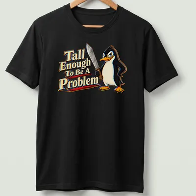 Cartoon penguin with humorous text about height in black, white, yellow, red, and blue. — printed on a unisex t-shirt