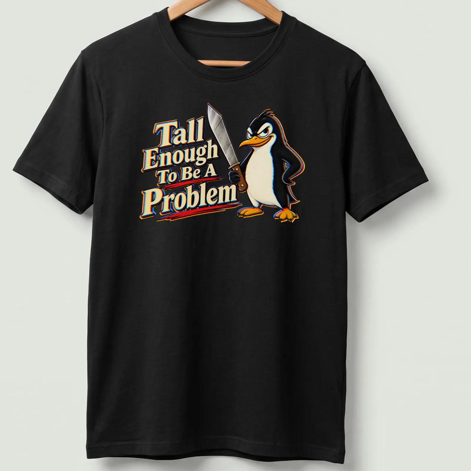 Cartoon penguin with humorous text about height in black, white, yellow, red, and blue. — printed on a unisex t-shirt