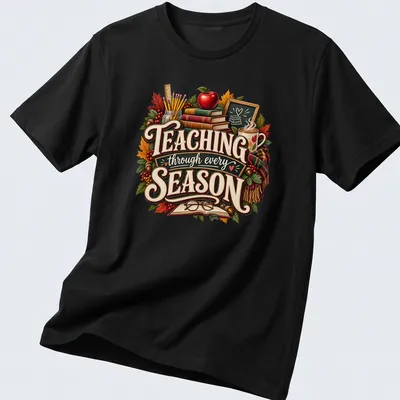 Vintage illustration of autumn-themed teacher supplies with the text Teaching through every SEASON