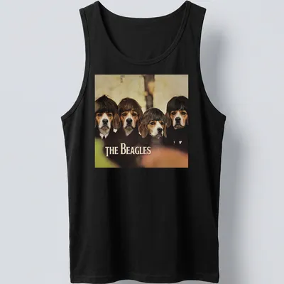 Vintage style shirt featuring humorous beagle dogs and 'THE BEAGLES' text — printed on a tank top