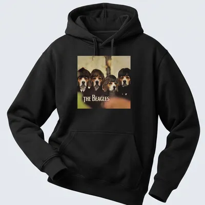 Vintage style shirt featuring humorous beagle dogs and 'THE BEAGLES' text — printed on a unisex hoodie