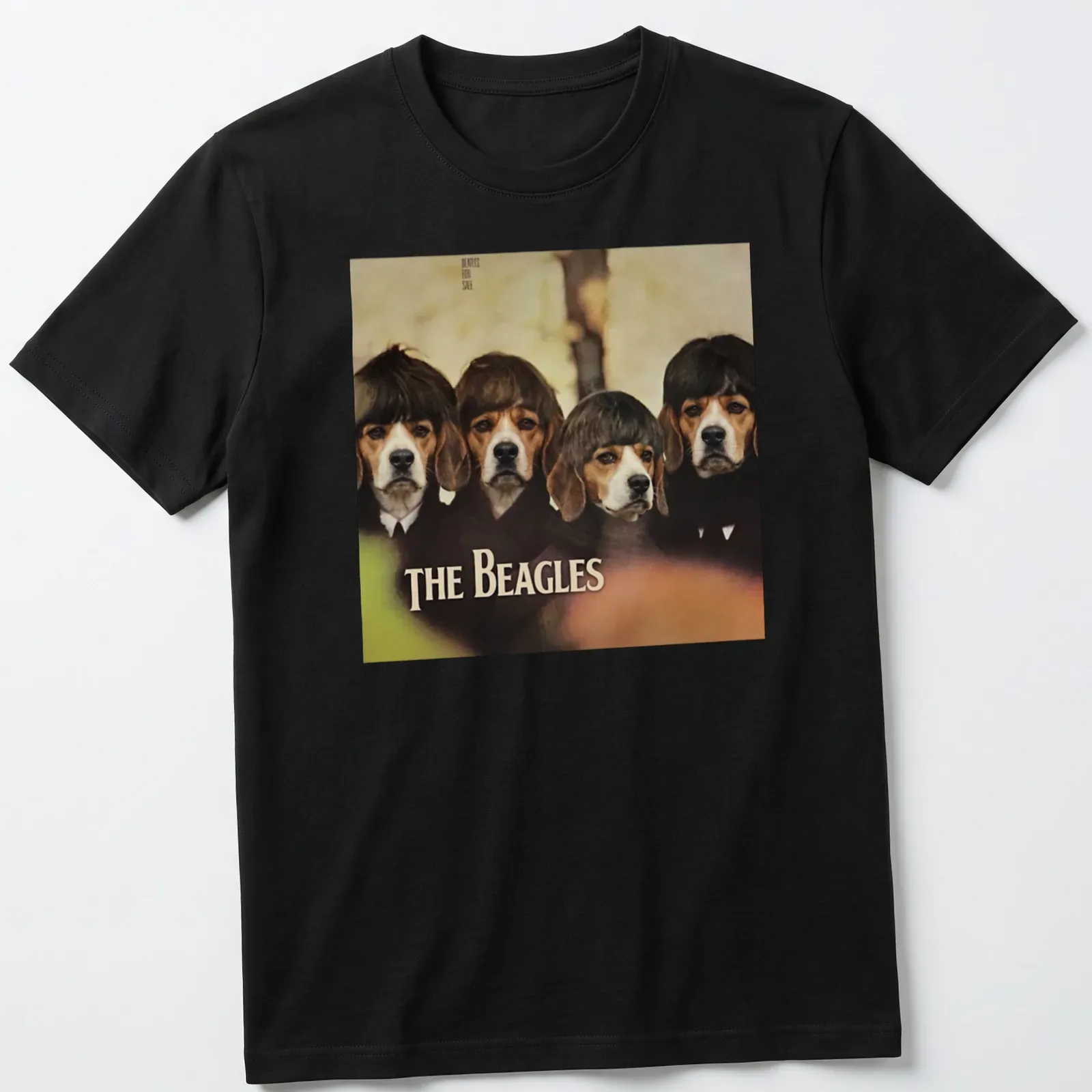 Vintage style shirt featuring humorous beagle dogs and 'THE BEAGLES' text — printed on a unisex t-shirt