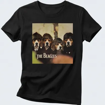 Vintage style shirt featuring humorous beagle dogs and 'THE BEAGLES' text — printed on a women's shirt
