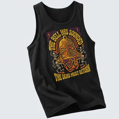 Psychedelic design with skeletons and bell, featuring vibrant colors in orange, purple, yellow. — printed on a tank top