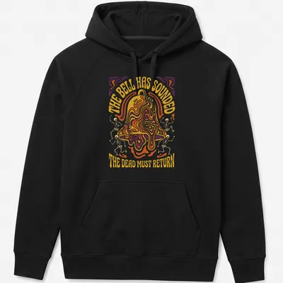 Psychedelic design with skeletons and bell, featuring vibrant colors in orange, purple, yellow. — printed on a unisex hoodie