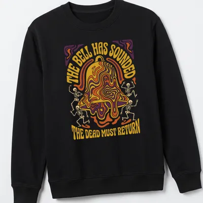 Psychedelic design with skeletons and bell, featuring vibrant colors in orange, purple, yellow. — printed on a unisex sweatshirt
