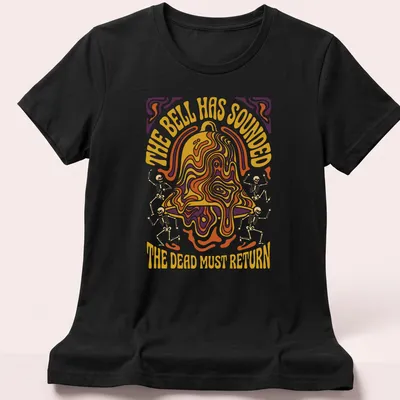 Psychedelic design with skeletons and bell, featuring vibrant colors in orange, purple, yellow. — printed on a women's shirt