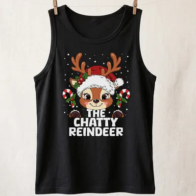 Cute kawaii reindeer graphic with colorful holiday elements — printed on a tank top