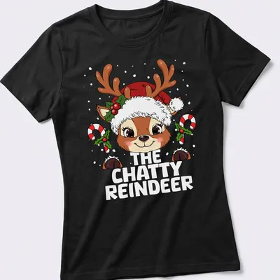 Cute kawaii reindeer graphic with colorful holiday elements — printed on a women's shirt