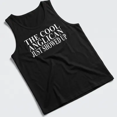 Bold typography T-shirt featuring Anglican Christian text in white — printed on a tank top