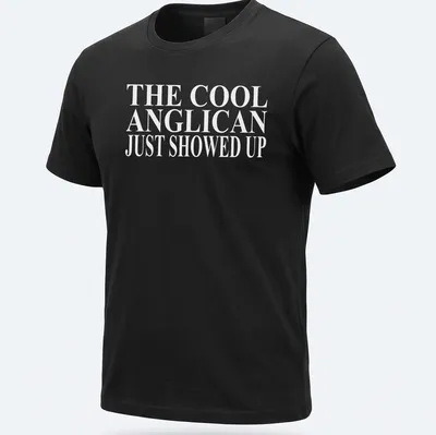 Bold typography T-shirt featuring Anglican Christian text in white