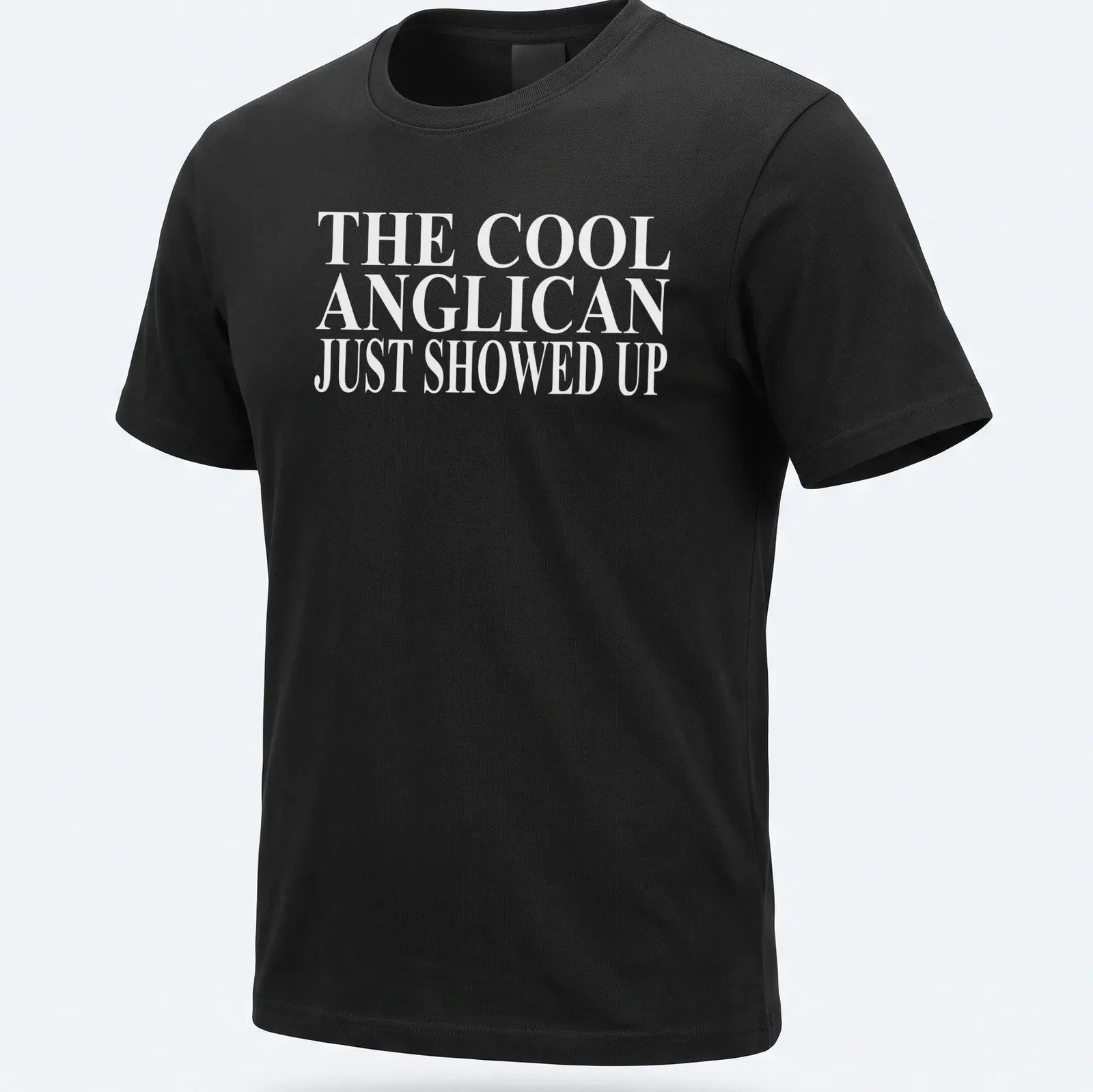 Bold typography T-shirt featuring Anglican Christian text in white — printed on a unisex t-shirt