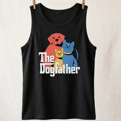 Cartoon design of a dog and cat under the text The Dogfather in bold colors — printed on a tank top