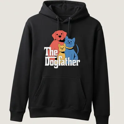 Cartoon design of a dog and cat under the text The Dogfather in bold colors — printed on a unisex hoodie