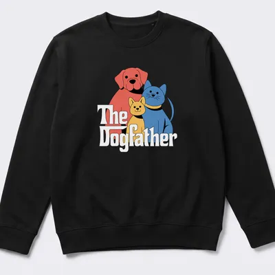 Cartoon design of a dog and cat under the text The Dogfather in bold colors — printed on a unisex sweatshirt