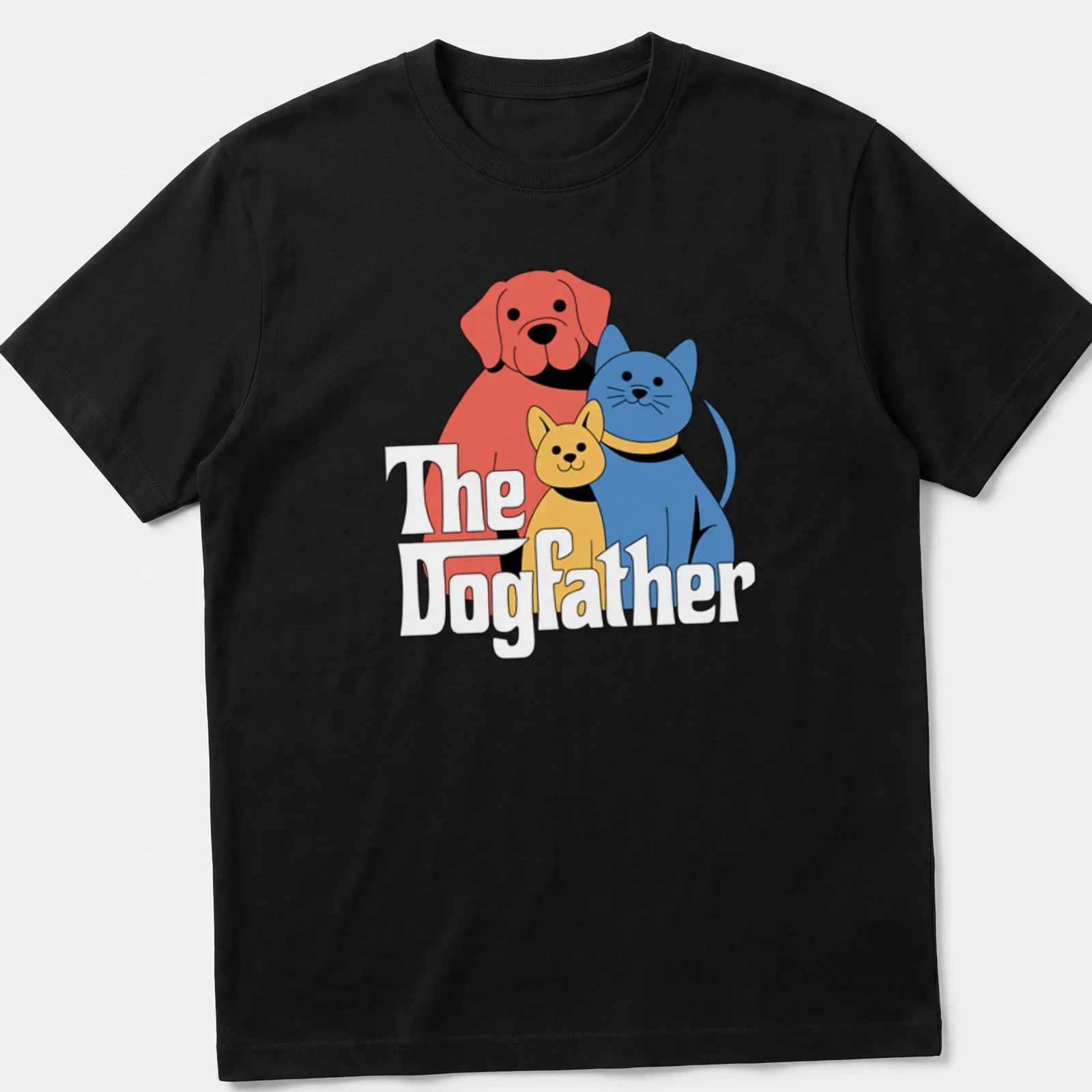 Cartoon design of a dog and cat under the text The Dogfather in bold colors — printed on a unisex t-shirt