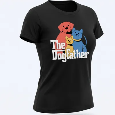 Cartoon design of a dog and cat under the text The Dogfather in bold colors — printed on a women's shirt