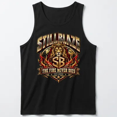 Bold typography t-shirt featuring a lion with the text 'STILLBLAZE THE FIRE NEVER DIES EST 2026' — printed on a tank top