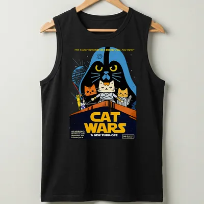 Retro cartoon cats dressed as sci-fi characters with colorful elements — printed on a tank top