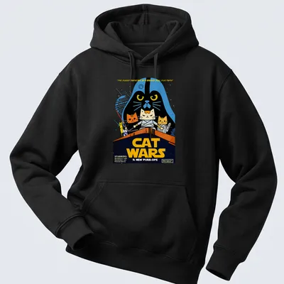 Retro cartoon cats dressed as sci-fi characters with colorful elements — printed on a unisex hoodie