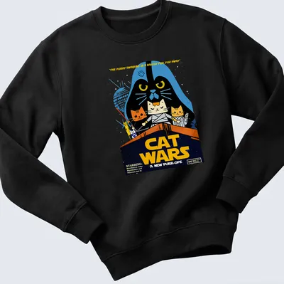 Retro cartoon cats dressed as sci-fi characters with colorful elements — printed on a unisex sweatshirt