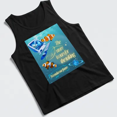 Clownfish illustration with inspirational text in vibrant ocean colors — printed on a tank top