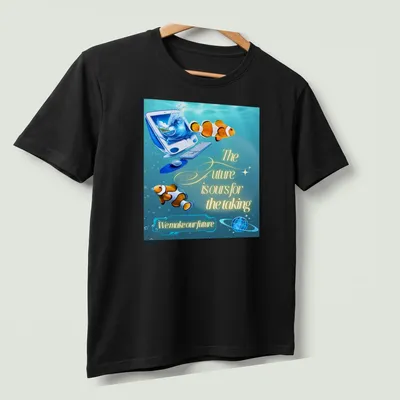 Clownfish illustration with inspirational text in vibrant ocean colors — printed on a unisex t-shirt (angled view)