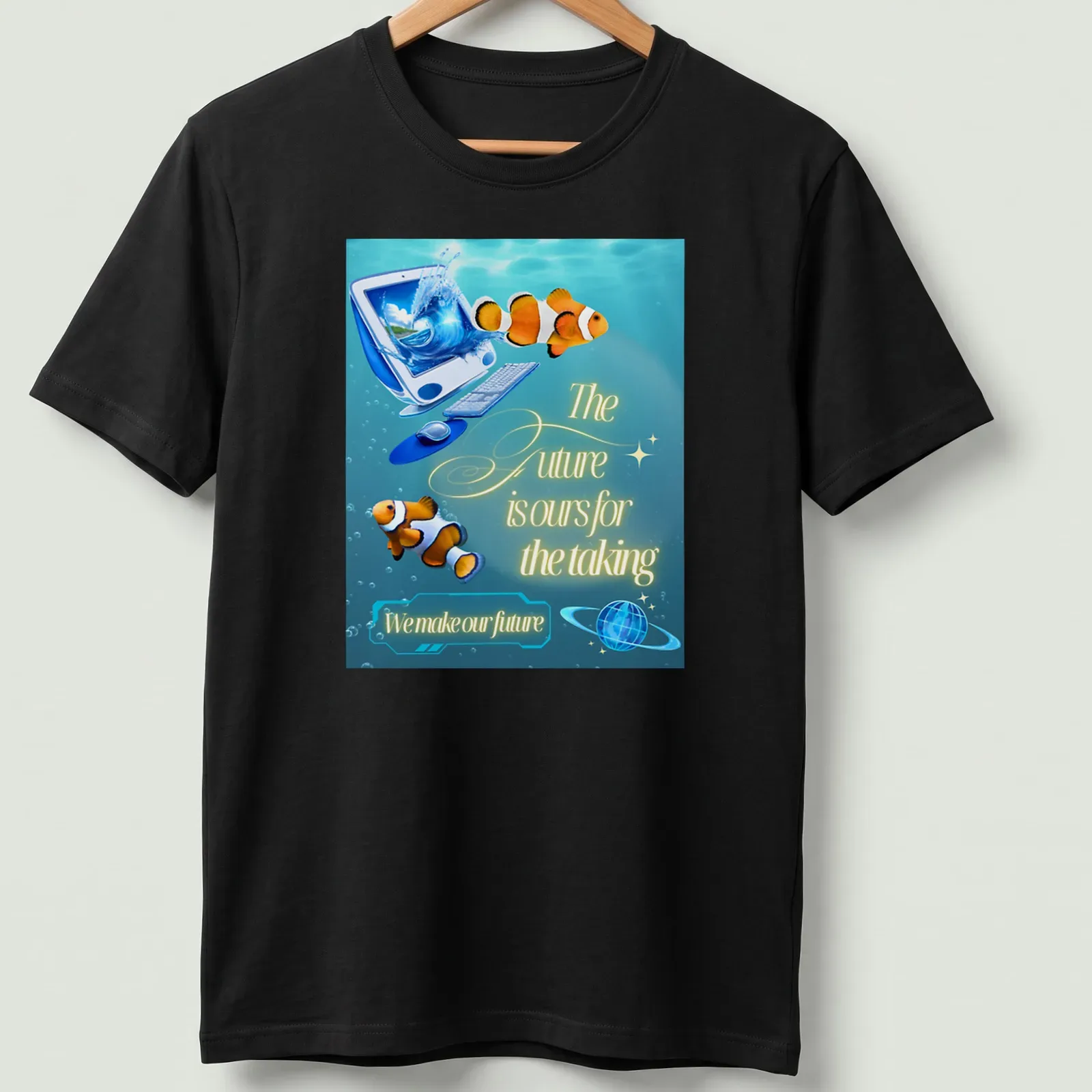 Clownfish illustration with inspirational text in vibrant ocean colors — printed on a unisex t-shirt