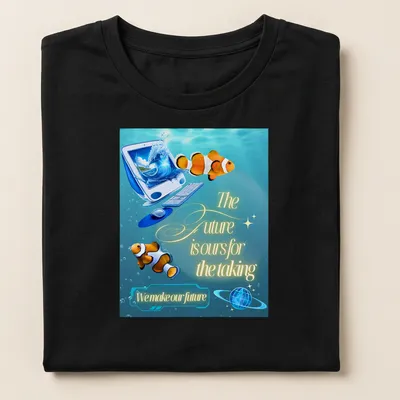 Clownfish illustration with inspirational text in vibrant ocean colors — printed on a women's shirt