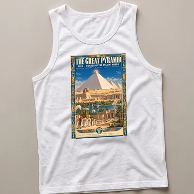 Vintage travel poster style shirt featuring the Great Pyramid of Giza — printed on a tank top