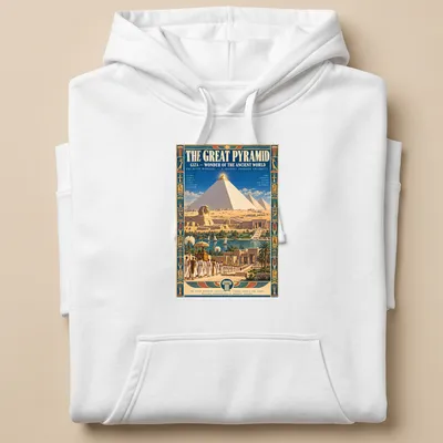 Vintage travel poster style shirt featuring the Great Pyramid of Giza — printed on a unisex hoodie