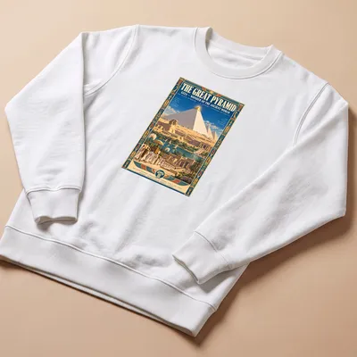 Vintage travel poster style shirt featuring the Great Pyramid of Giza — printed on a unisex sweatshirt