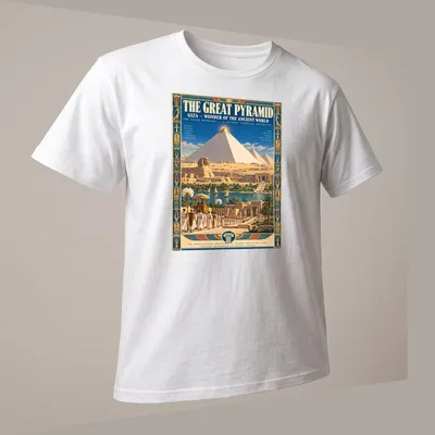 Vintage travel poster style shirt featuring the Great Pyramid of Giza — printed on a unisex t-shirt (angled view)