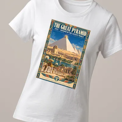 Vintage travel poster style shirt featuring the Great Pyramid of Giza — printed on a women's shirt