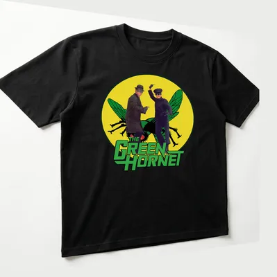 Vintage Green Hornet T-shirt featuring classic characters in green and yellow — printed on a unisex t-shirt (angled view)